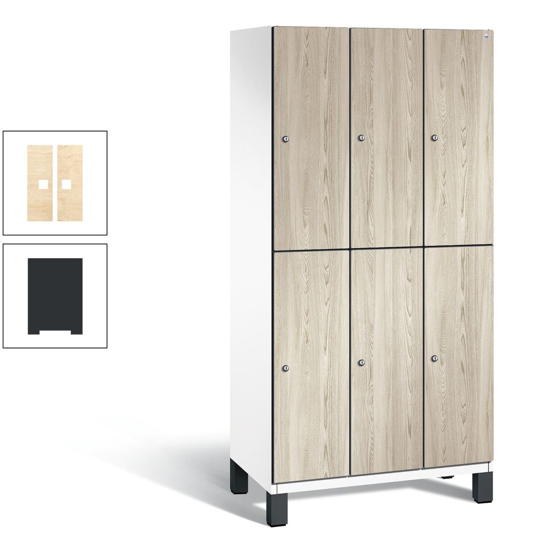 Fächerschrank, Garderobenschrank, mit Füßen, 3 Abteile, 1.980 x 900 x 525 mm (HxBxT), Korpus anthrazitgrau, Tür Donau-Ahorn