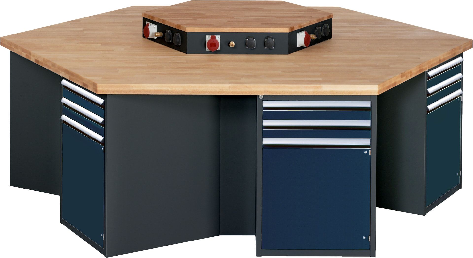 Gruppenwerkbank, Buche, Höhe 840 mm, mit Energieaufsatz, Unterbau-Container, 2 Schubladen, 1 Tür, 1 Boden - Anthrazitgrau