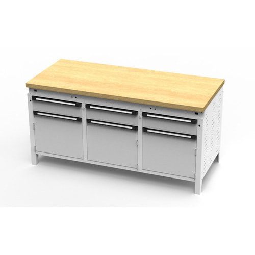 OTTOKIND Werkbank - bündige Arbeitsplatte - 850 x 1.695 x 750 mm (HxBxT) - 3 Schubladen - 3 Schränke - lichtgrau
