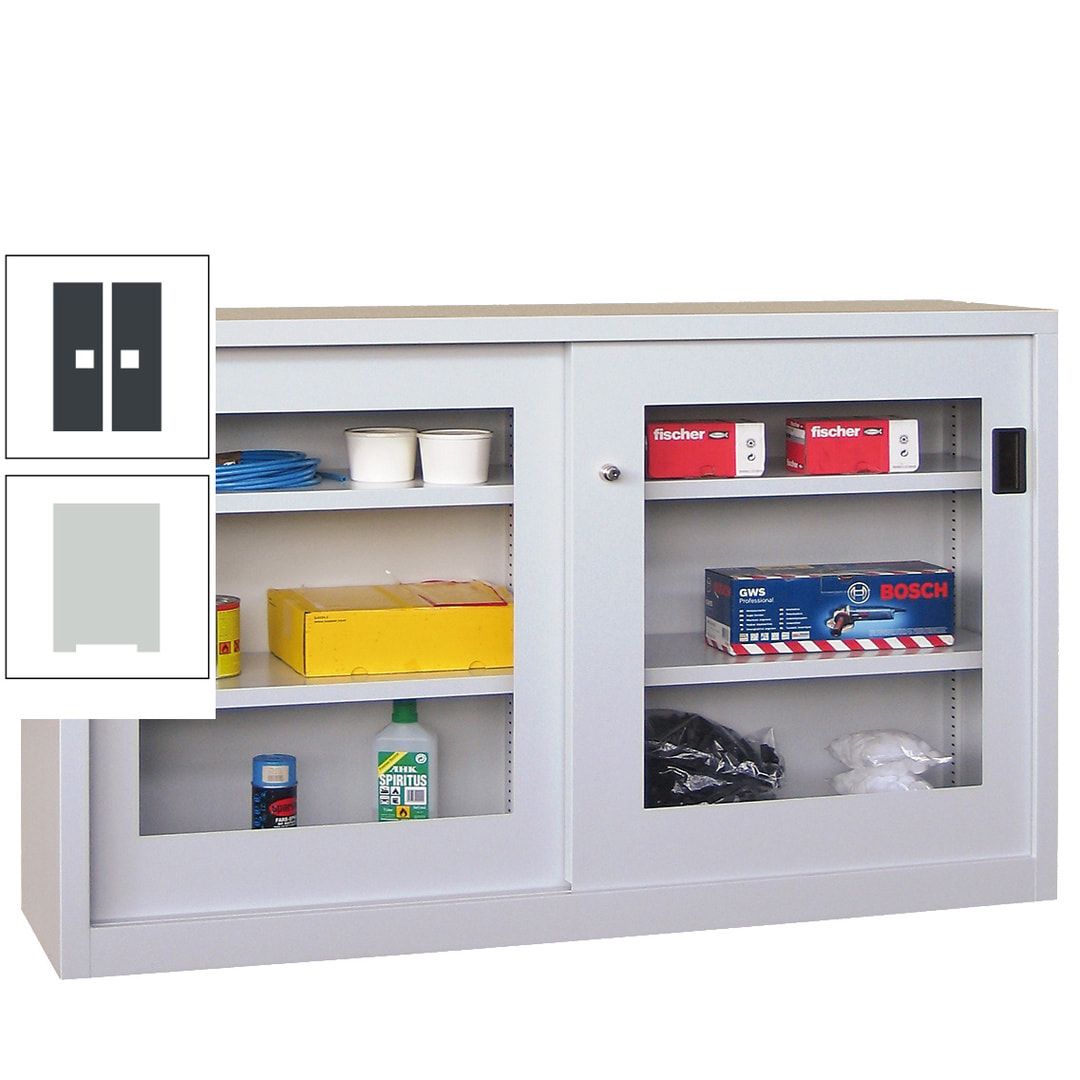Schiebetürenschrank - Sichtfenstertüren - 1.000x1.500x600 mm (HxBxT) - 4 Böden, verzinkt - Zylinderschloss - anthrazitgrau