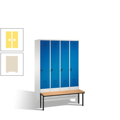 Stahl-Garderobenschrank, Spind, Buche Sitzbank vorgebaut, 4 Abteile a 300 mm, Korpus Lichtgrün, Tür Schwefelgelb, 1.850 x 1.200 x 815 mm (HxBxT)