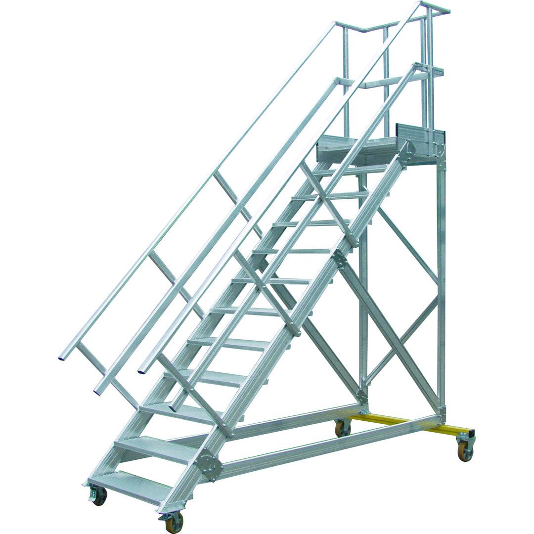 Fahrbare Podestleiter - Podesttreppe - 1.940 x 1.000 x 1.620 mm (HxBxT) - 10 Stufen 600 mm breit - Treppenneigung 45 Grad - Rollpodest - Aluminium