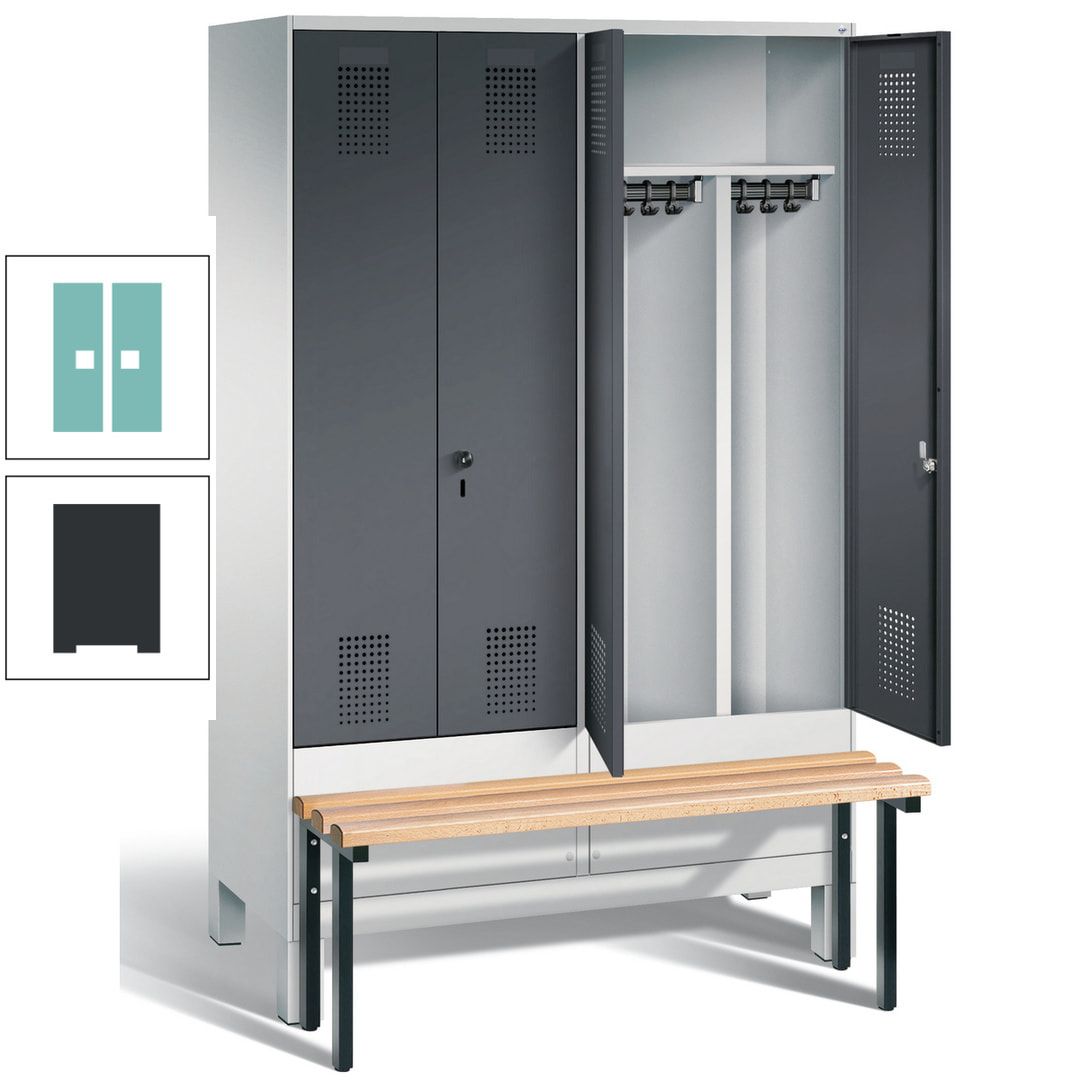 Doppel-Spind, Garderobenschrank, Buche Sitzbank vorgebaut, 4 Abteile a 300 mm, Korpus feuerrot, Tür Wasserblau, 1.850 x 1.200 x 815 mm (HxBxT)