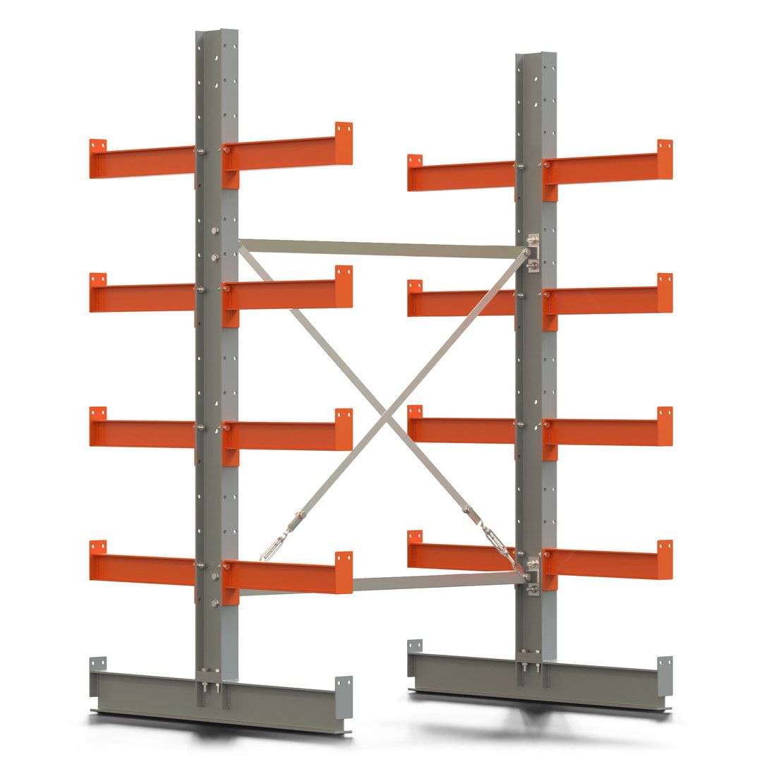 Doppelseitiges Kragarmregal, Anbauregal, 2.000 x 1.280 x 1.120 mm (HxBxT), Nutztiefe 500 mm, Kragarmlast 870 kg, KARL basic, silbergrau/reinorange