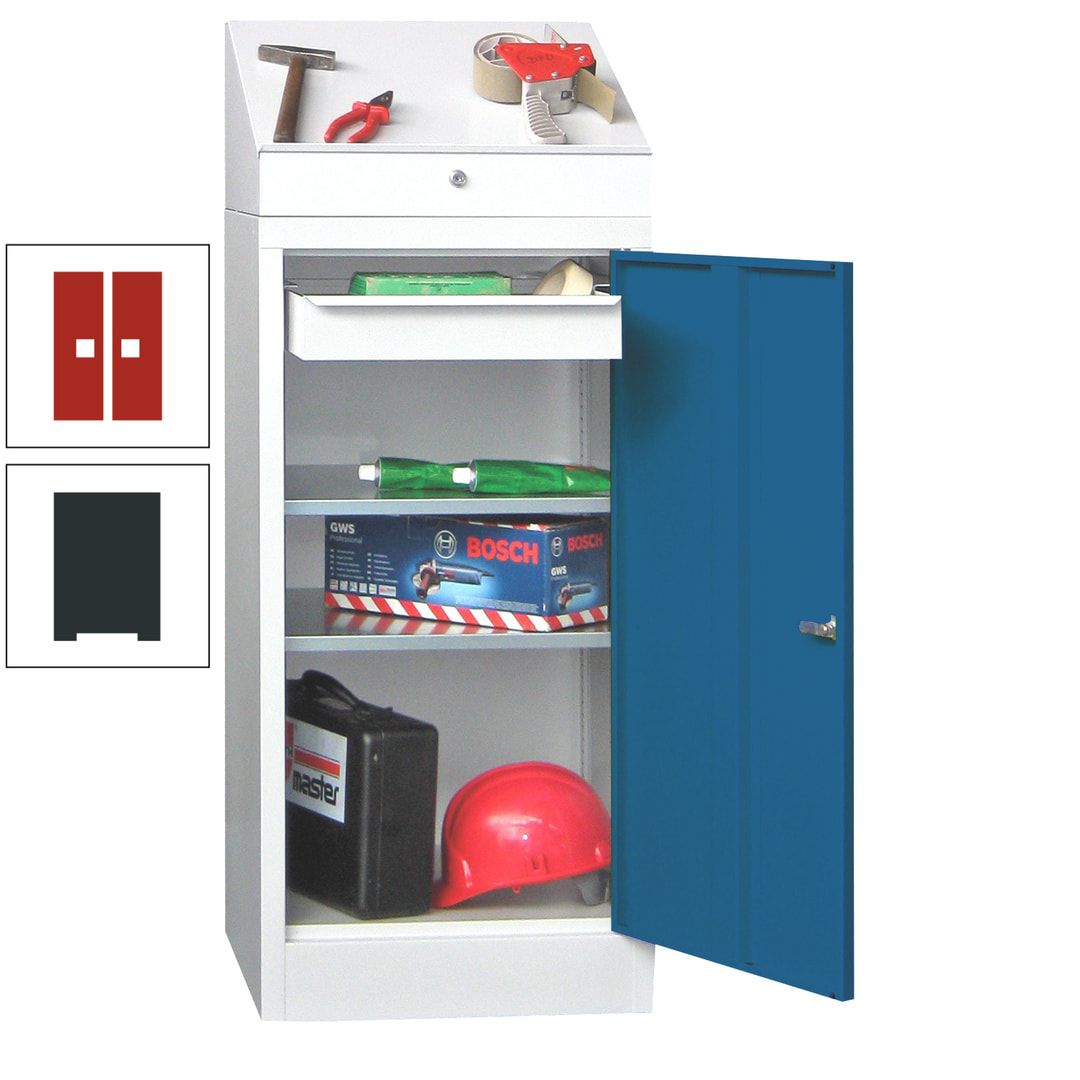 Stehpult mit Schrank - Vollblechtür - 1 Einlegeboden, 1 Ausziehboden, 1 Schublade - 1.270x500x500 mm (HxBxT) - anthrazitgrau