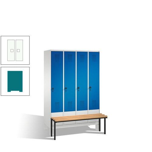 Stahl-Garderobenschrank, Spind, Buche Sitzbank vorgebaut, 4 Abteile a 300 mm, Korpus Lichtgrün, Tür Schwefelgelb, 1.850 x 1.200 x 815 mm (HxBxT)