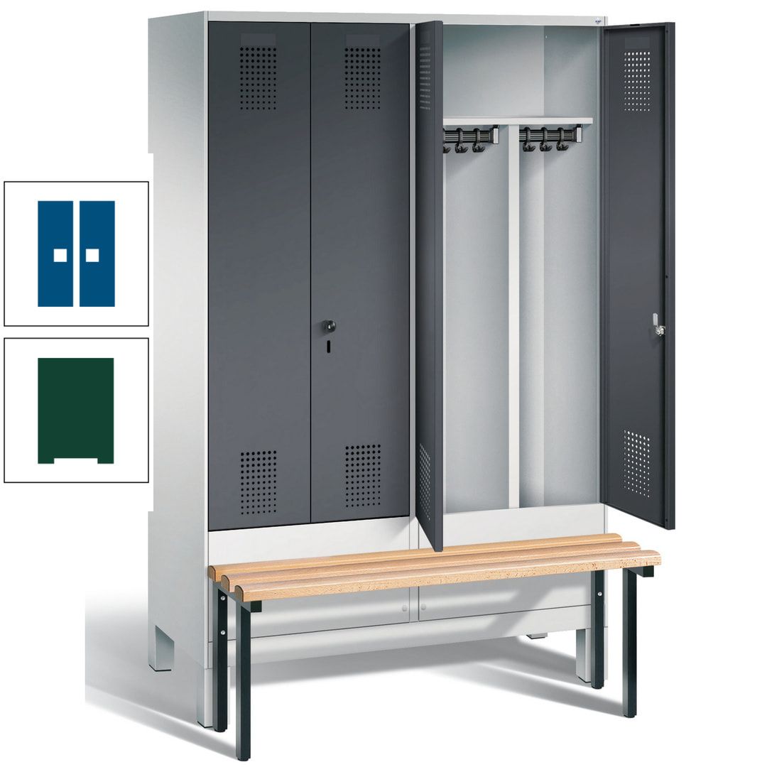 Doppel-Spind, Garderobenschrank, Buche Sitzbank vorgebaut, 4 Abteile a 300 mm, Korpus feuerrot, Tür Wasserblau, 1.850 x 1.200 x 815 mm (HxBxT)