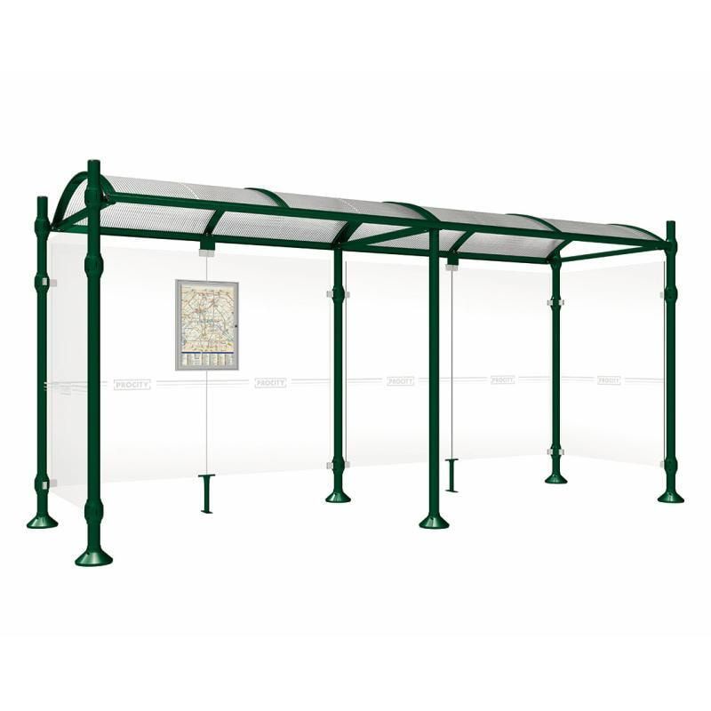 Buswartehalle, Unterstand, 2 Seitenwände, Kopf gebürsteter Edelstahl, ESG, Fahrplanschaukasten, 2.500 x 2.500 x 1.600 mm (HxBxT), Farbe enzianblau