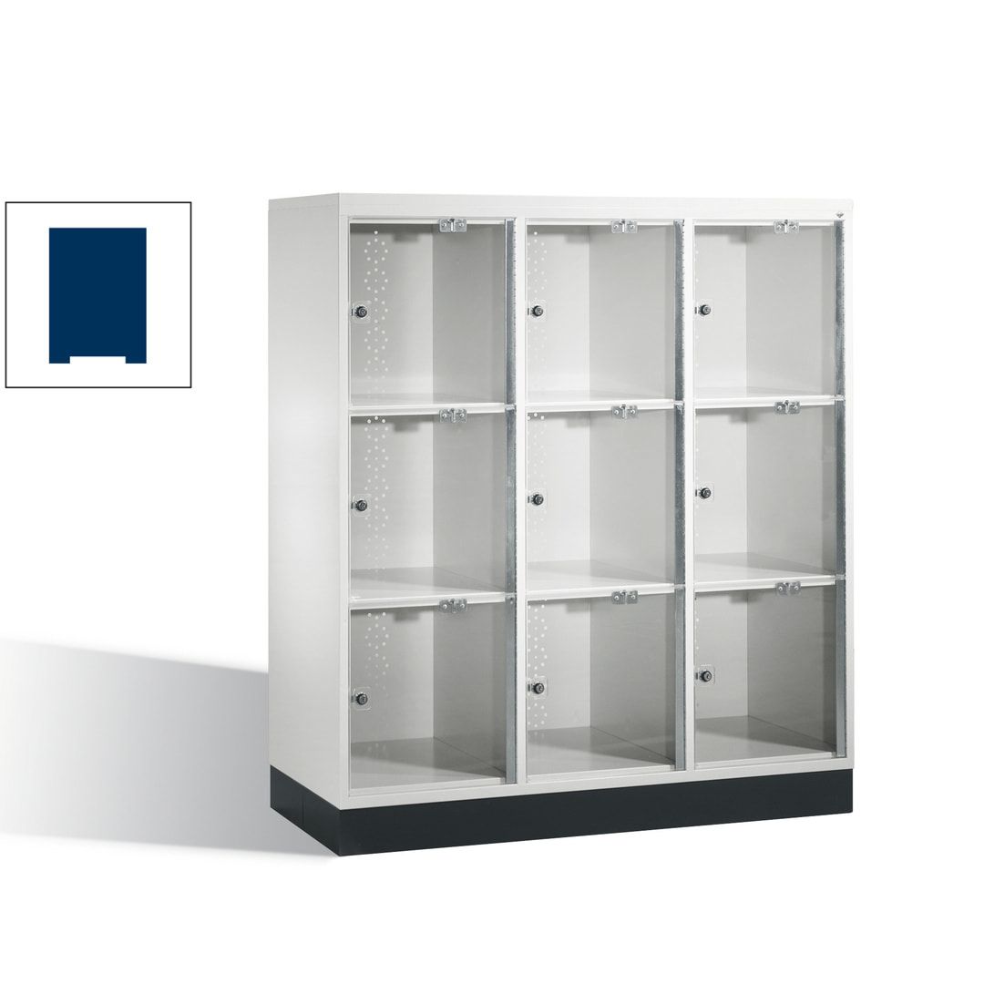 Schließfachschrank, Fächerschrank mit Türen aus Acrylglas, 3 Abteile, 9 Fächer, Zylinderschloss, 1.370 x 1.220 x 500 mm (HxBxT), Korpus anthrazitgrau