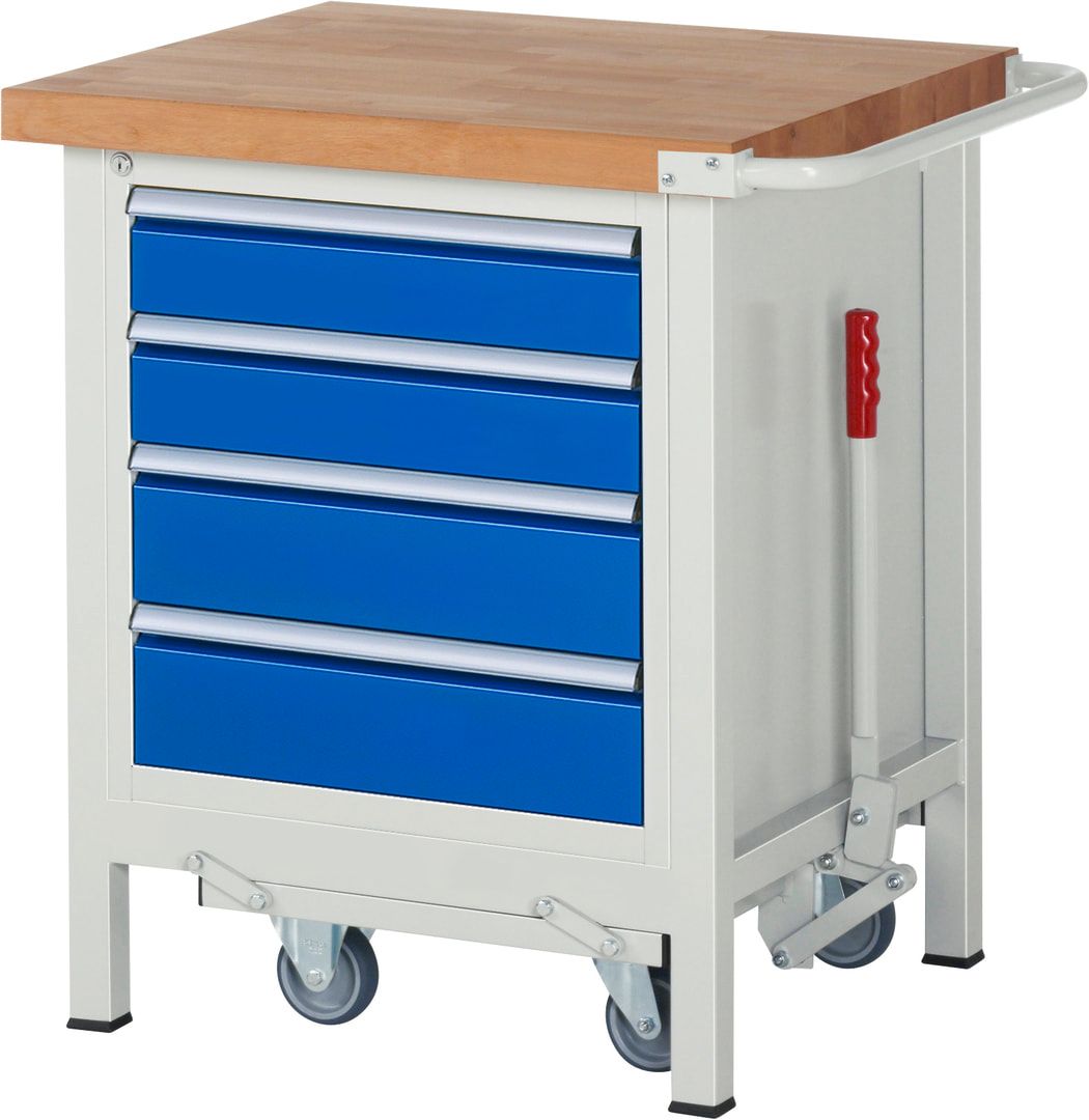 Mobile absenkbare Werkbank - 4 Schubladen - Teilauszug - 120:2 / 150:2 - 880 x 750 x 700 mm (HxBxT) - 1,25 t - Buche - Anthrazitgrau