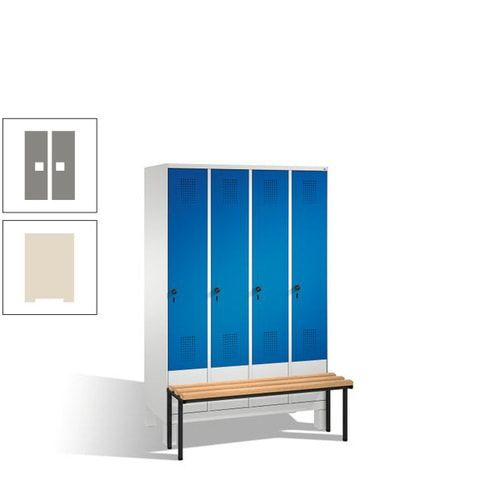 Stahl-Garderobenschrank, Spind, Buche Sitzbank vorgebaut, 4 Abteile a 300 mm, Korpus Lichtgrün, Tür Schwefelgelb, 1.850 x 1.200 x 815 mm (HxBxT)