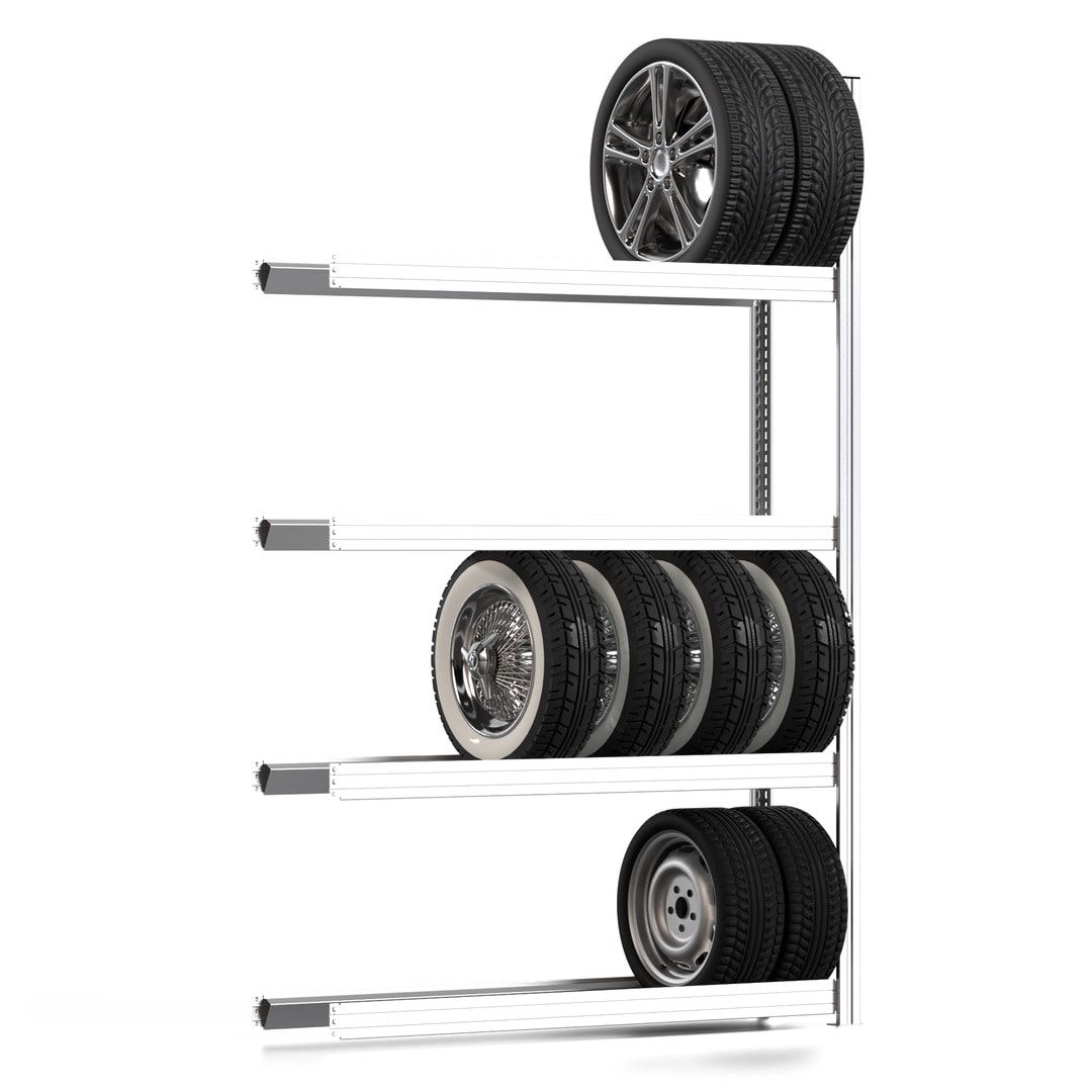 Felgenregal mit Tiefenriegel - 250 kg - 2.000 x 1.285 x 300 mm (HxBxT) - 4 Ebenen - Anbauregal - Steckregal BERT