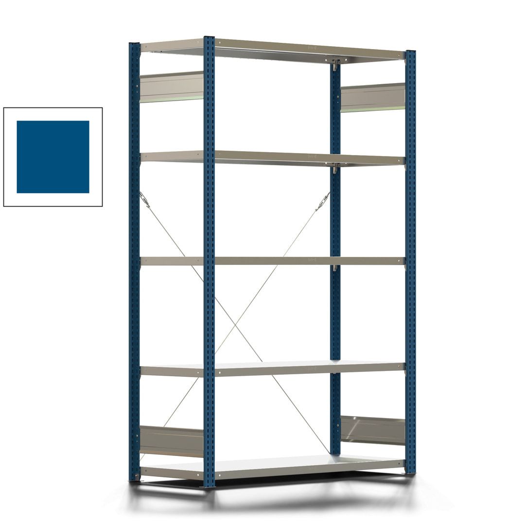 Fachbodenregal mit Tiefenriegel - 350 kg - 2.000 x 1.285 x 526 mm (HxBxT) - Anbauregal - 5 Böden - enzianblau - Lagerregal - Steckregal BERT