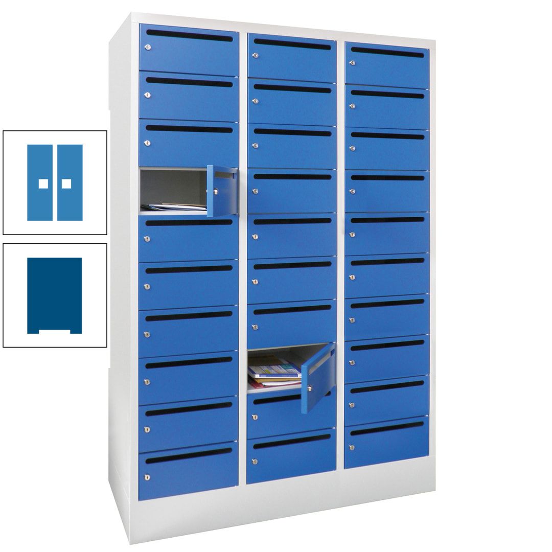 Postverteilerschrank, Schließfachschrank, 3 Abteile a 300 mm, 30 Fächer, 1.850 x 900 x 500 mm (HxBxT), Korpus anthrazitgrau, Front anthrazitgrau