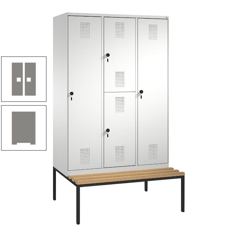 Garderobenschrank, Spind ein- und doppelstöckig Sitzbank, 3 Abteile, 4 Fächer, 2.090x1.200x500 mm (HxBxT), Front anthrazitgrau, Korpus anthrazitgrau