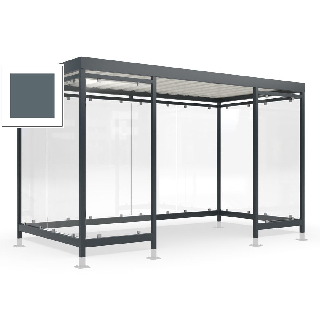 Raucherunterstand für 12-13 Personen, Bushaltestelle, mit Überpflasterung, 2.440 x 4.195 x 2.165 mm (HxBxT), 10 Wände, Achatgrau