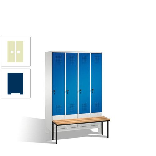 Stahl-Garderobenschrank, Spind, Buche Sitzbank vorgebaut, 4 Abteile a 300 mm, Korpus Lichtgrün, Tür Schwefelgelb, 1.850 x 1.200 x 815 mm (HxBxT)