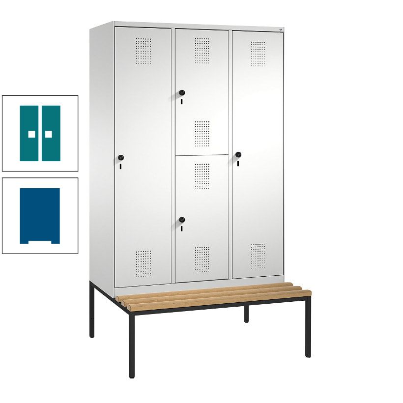 Garderobenschrank, Spind ein- und doppelstöckig Sitzbank, 3 Abteile, 4 Fächer, 2.090x1.200x500 mm (HxBxT), Front anthrazitgrau, Korpus anthrazitgrau
