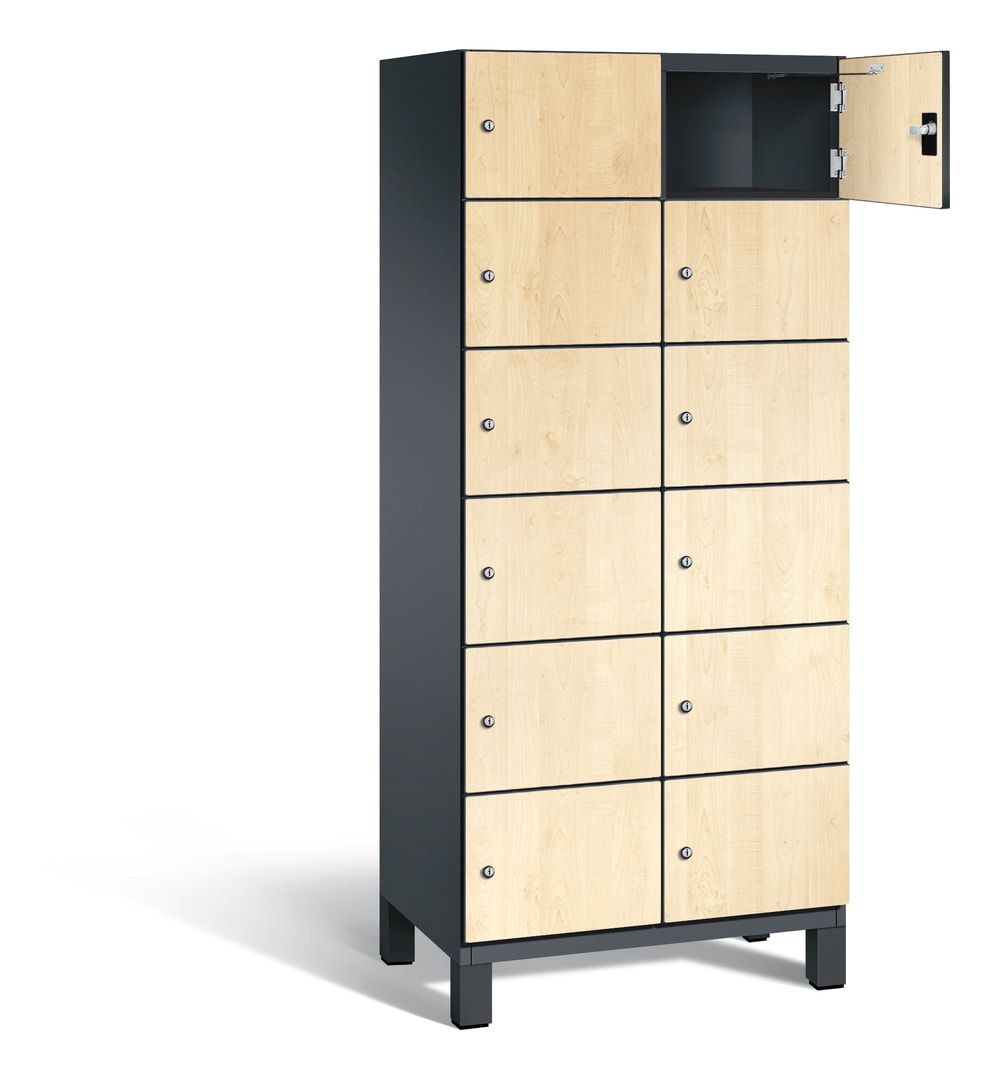 Fächerschrank, Stahlschrank, 12 Fächer, Türöffnungsbegrenzer, Füße, 1.980 x 800 x 525 mm, Korpus anthrazitgrau, Dekorfront HPL Donau-Ahorn