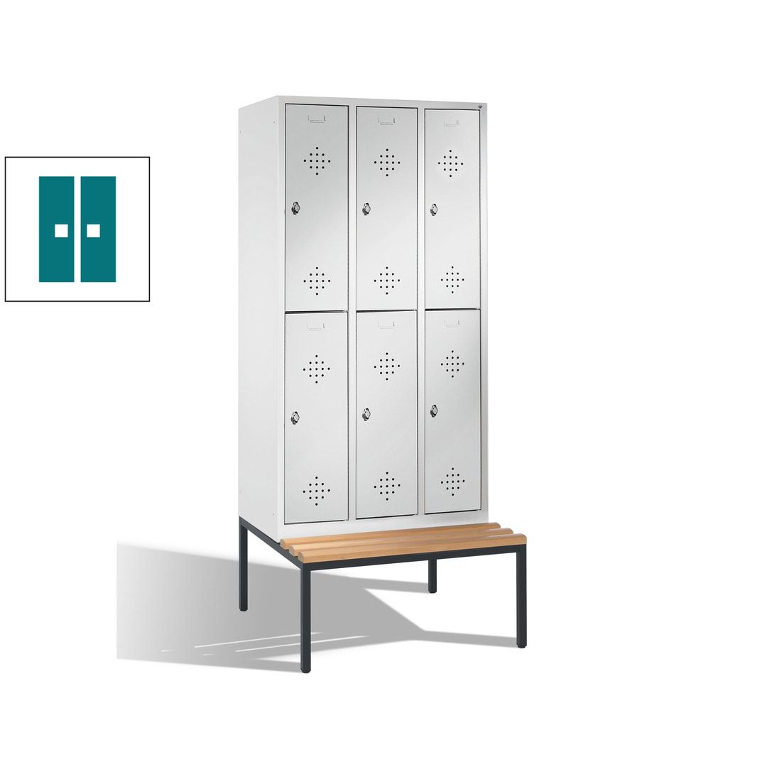 Garderobenschrank, Spind, 3 Abteile 6 Fächer, 2.090 x 1.200 x 815 mm (HxBxT), Hartholz Sitzbank untergebaut, Korpus anthrazitgrau, Türen anthrazitgrau