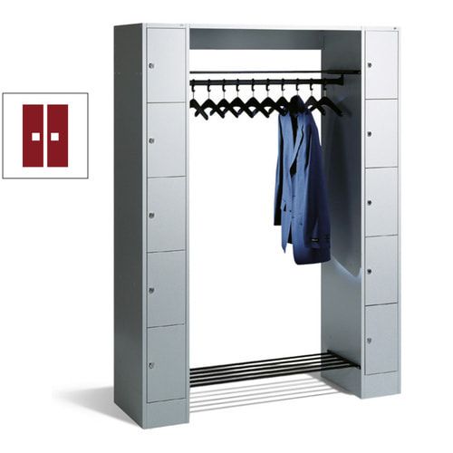 Garderobenanlage, Offene Garderobe mit Spindschrank, 10 Fächer, links/rechts, Korpus lichtgrau, Türfarbe enzianblau, 1.950 x 1.430 x 480 mm (HxBxT)