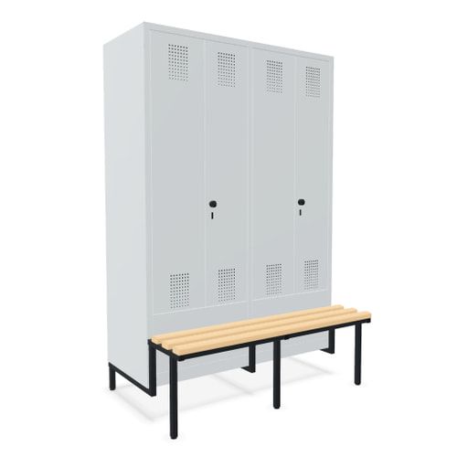 Doppel-Spind, Garderobenschrank, Buche Sitzbank integriert, 4 Abteile 300 mm, Korpus anthrazitgrau, Tür anthrazitgrau, 1.850 x 1.200 x 815 mm (HxBxT)