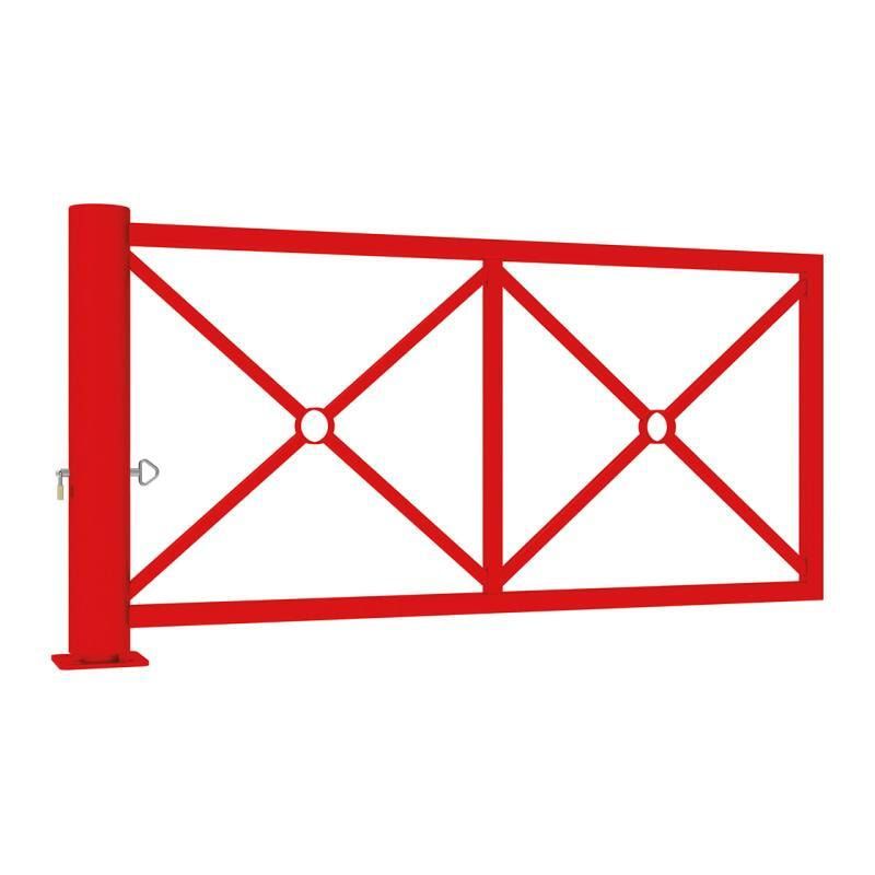 Drehschranke, Schlagbaum, mit Dekoelement, Drehachse, arretierbar, Stahlrohr, 2.010 mm breit, Farbe enzianblau