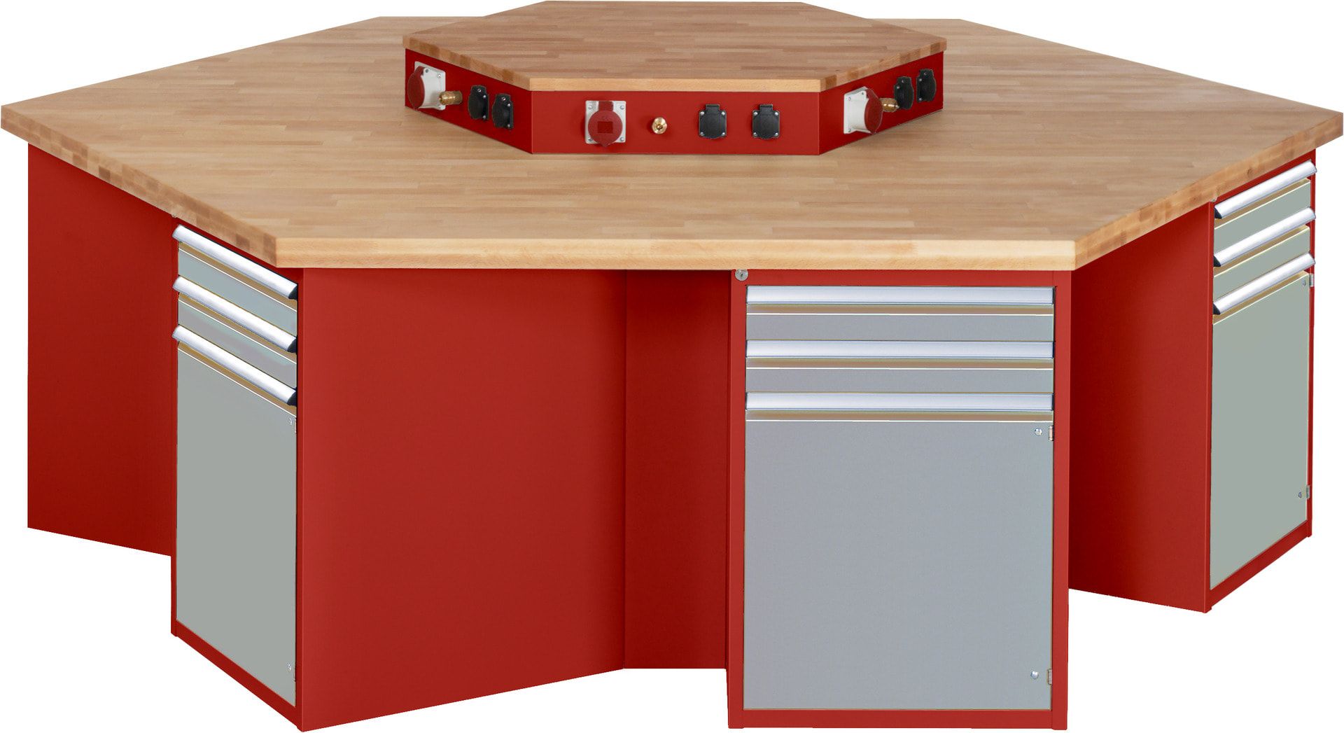 Gruppenwerkbank, Buche, Höhe 840 mm, mit Energieaufsatz, Unterbau-Container, 2 Schubladen, 1 Tür, 1 Boden - Anthrazitgrau