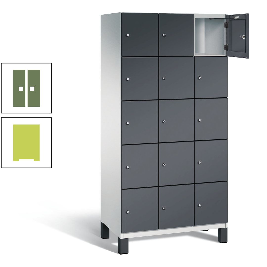 Fächerschrank, Stahlschrank, 15 Fächer, Türöffnungsbegrenzer, Füße, 1.980 x 900 x 525 mm (HxBxT), Korpus anthrazitgrau, Front anthrazitgrau