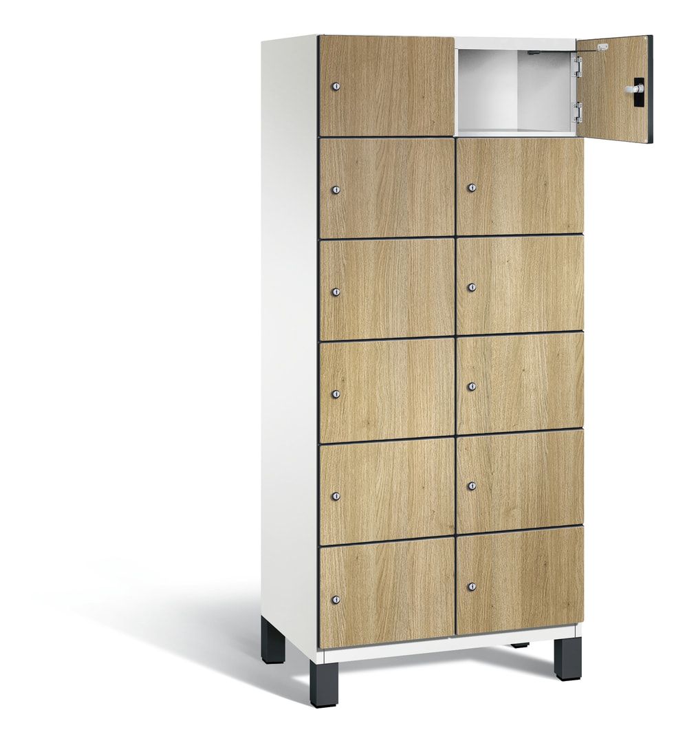 Fächerschrank, Stahlschrank, 12 Fächer, Türöffnungsbegrenzer, Füße, 1.980 x 800 x 525 mm, Korpus anthrazitgrau, Dekorfront HPL Donau-Ahorn