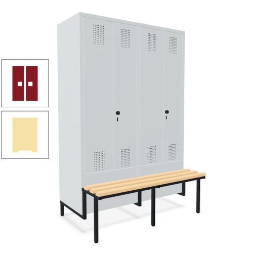 Doppel-Spind, Garderobenschrank, Buche Sitzbank integriert, 4 Abteile 300 mm, Korpus anthrazitgrau, Tür anthrazitgrau, 1.850 x 1.200 x 815 mm (HxBxT)