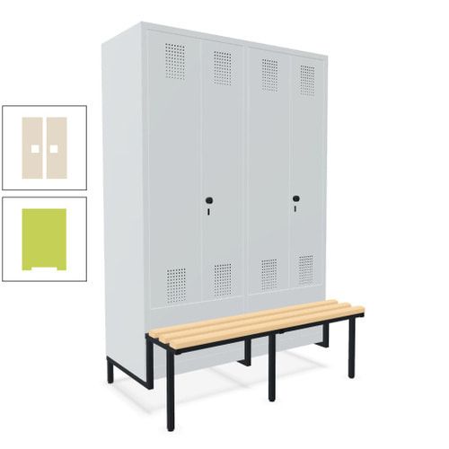 Doppel-Spind, Garderobenschrank, Buche Sitzbank integriert, 4 Abteile 300 mm, Korpus anthrazitgrau, Tür anthrazitgrau, 1.850 x 1.200 x 815 mm (HxBxT)