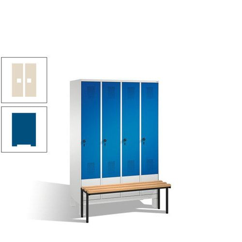 Stahl-Garderobenschrank, Spind, Buche Sitzbank vorgebaut, 4 Abteile a 300 mm, Korpus Lichtgrün, Tür Schwefelgelb, 1.850 x 1.200 x 815 mm (HxBxT)