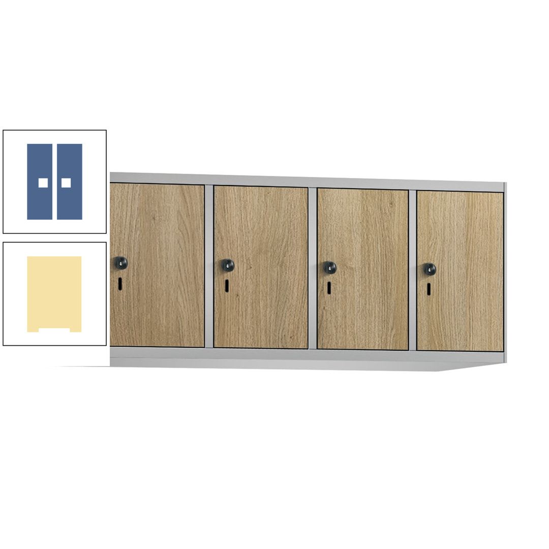 Aufsatzschrank, Schrankaufsatz, 4 Fächer a 300 mm, Farbe Pastellgelb, Tür anthrazitgrau, 500 x 1.200 x 500 mm (HxBxT)