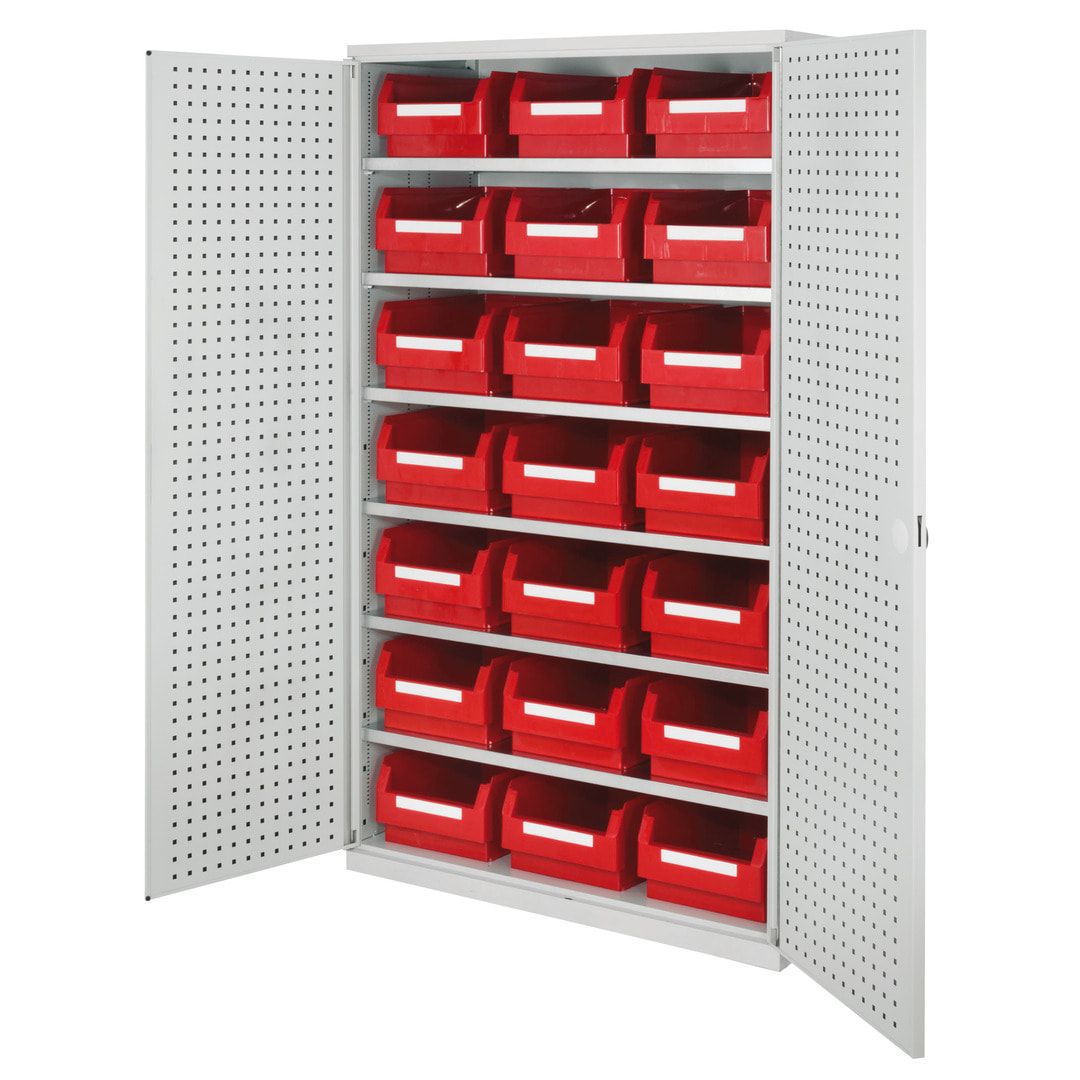Magazinschrank - 21 Sichtlagerkästen - Lochplattentüren - 6 Böden - 1.950 x 1.130 x 590 mm (HxBxT) - lichtgrau