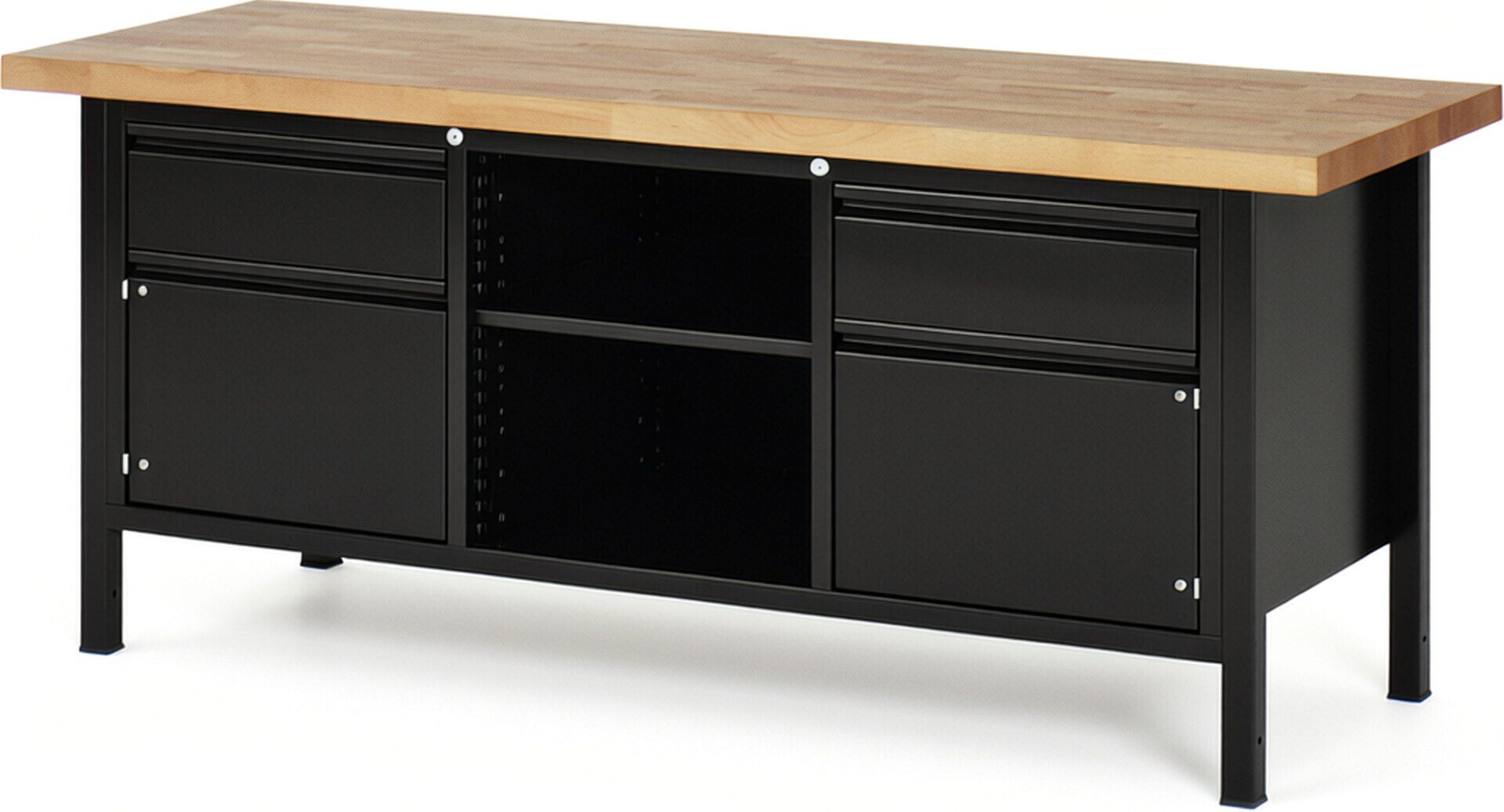Werkbank - 2 Schubladen - 180:2 - 2 Schränke - höhenverstellbar 840 - 1.040 mm - 2.000 x 700 mm - 1,25 t - Buche - Anthrazitgrau
