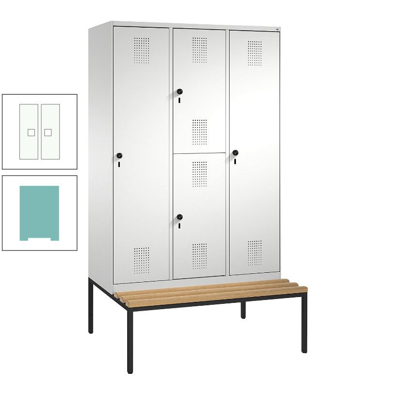 Garderobenschrank, Spind ein- und doppelstöckig Sitzbank, 3 Abteile, 4 Fächer, 2.090x1.200x500 mm (HxBxT), Front anthrazitgrau, Korpus anthrazitgrau