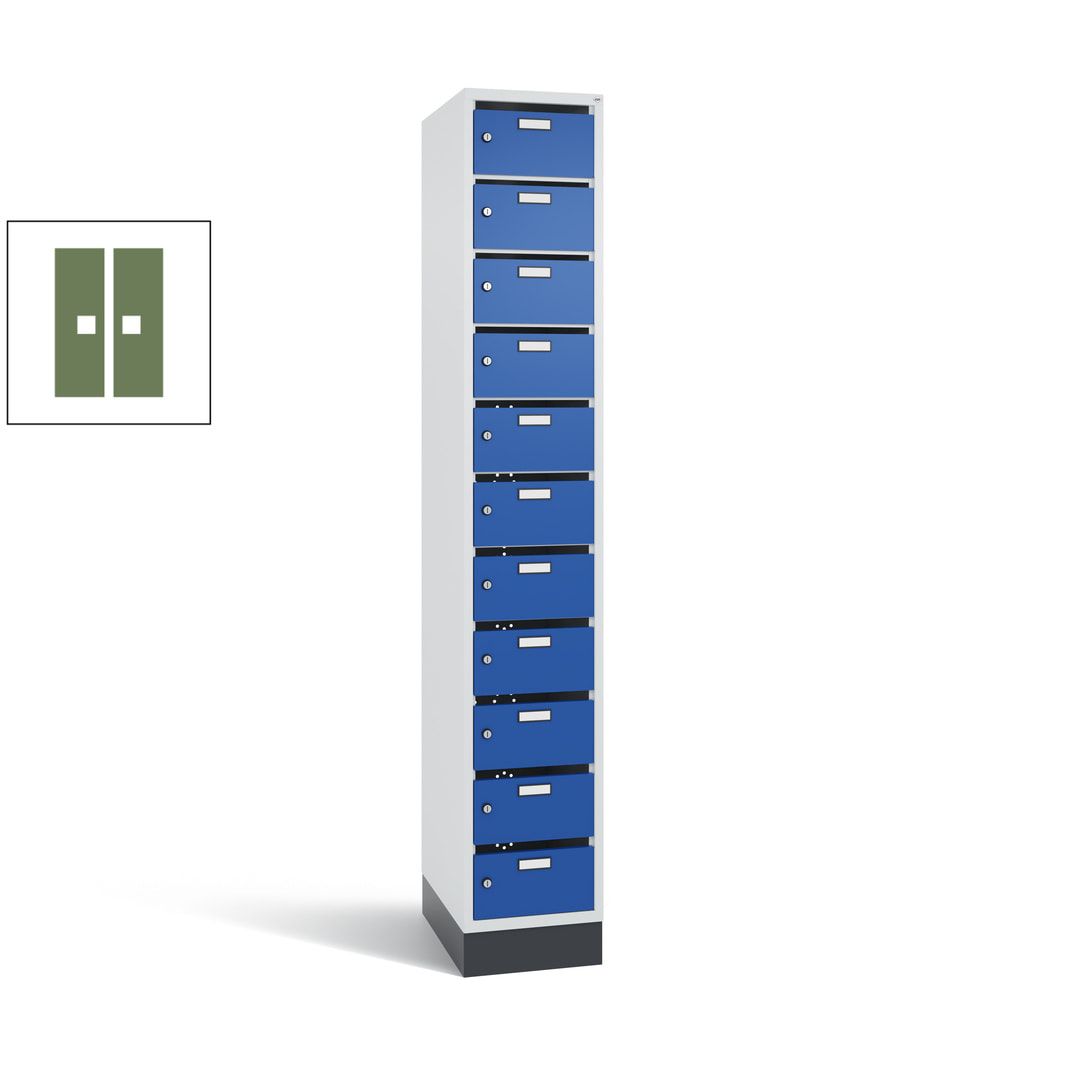 Postverteilerschrank, Schließfachschrank, mit Sockel, 11 Fächer, 1.950 x 320 x 500 mm (HxBxT), Korpus lichtgrau, Tür anthrazitgrau