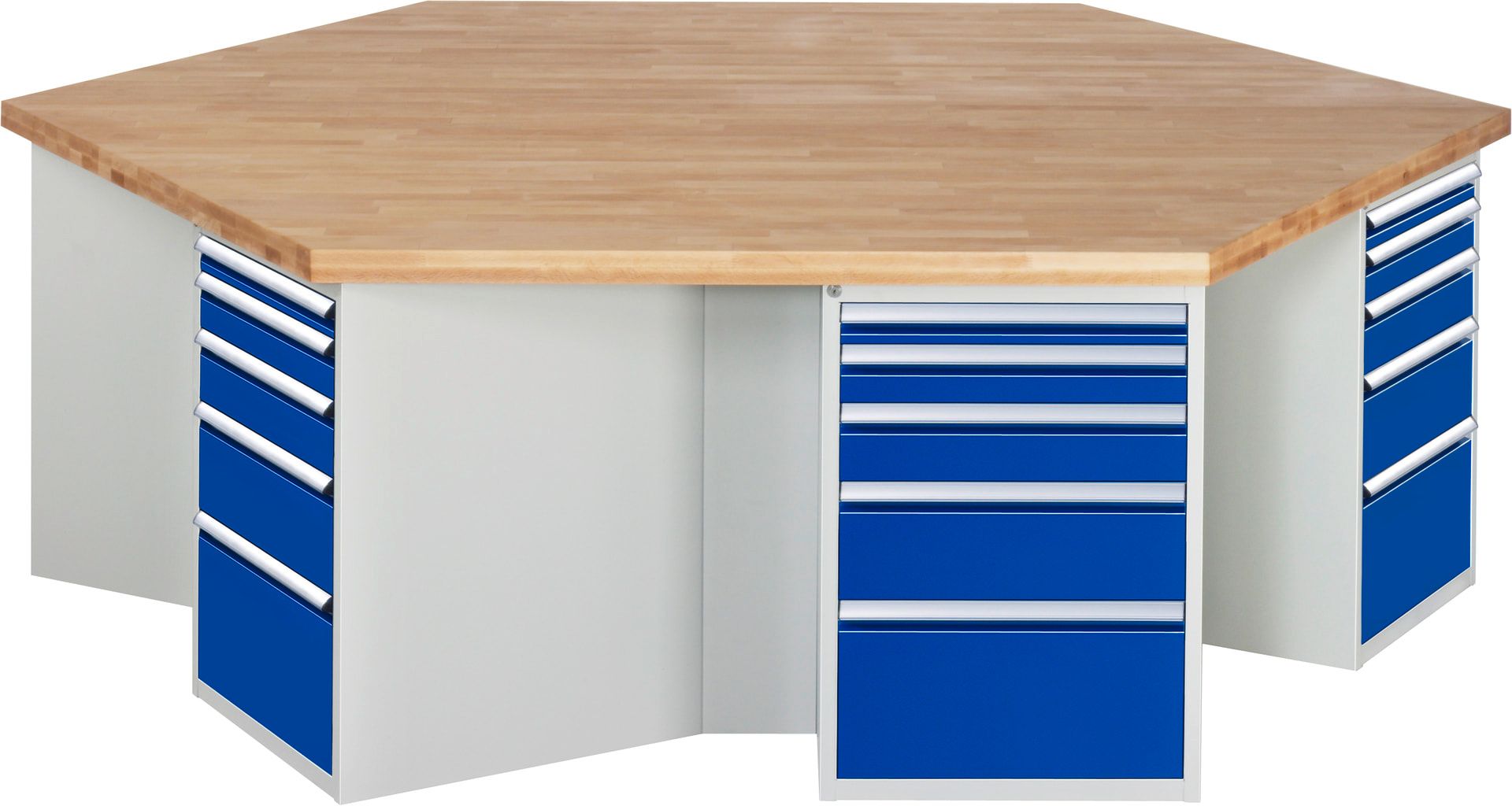 Gruppenarbeitsplätze, Gruppenwerkbank, Buche, Höhe 840 mm, ohne Energieaufsatz, Unterbau-Container, 5 Schubladen - Anthrazitgrau