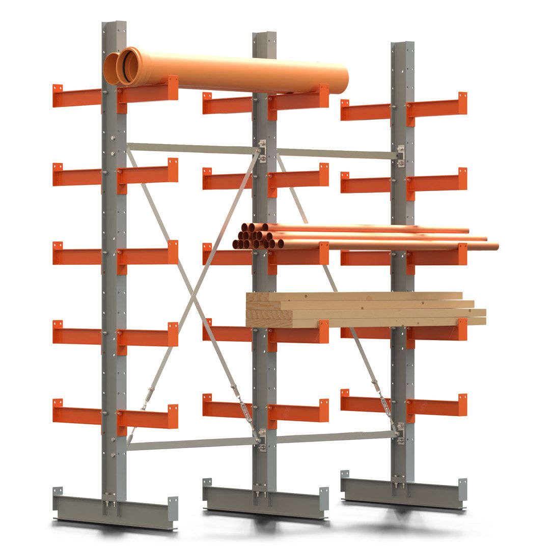 Doppelseitiges Kragarmregal, 2 Felder, 2.500 x 2.000 x 1.120 mm (HxBxT), Nutztiefe 500 mm, Kragarmlast 870 kg, KARL basic, silbergrau/reinorange