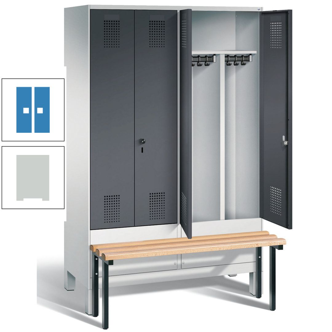 Doppel-Spind, Garderobenschrank, Buche Sitzbank vorgebaut, 4 Abteile a 300 mm, Korpus feuerrot, Tür Wasserblau, 1.850 x 1.200 x 815 mm (HxBxT)