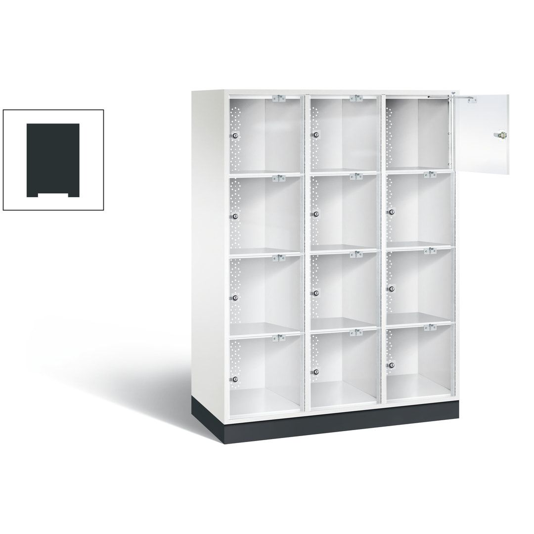 Schließfachschrank, Fächerschrank mit Türen aus Acrylglas, 3 Abteile, 12 Fächer, Zylinderschloss, 1.750 x 1.220 x 500 mm (HxBxT), Korpus anthrazitgrau