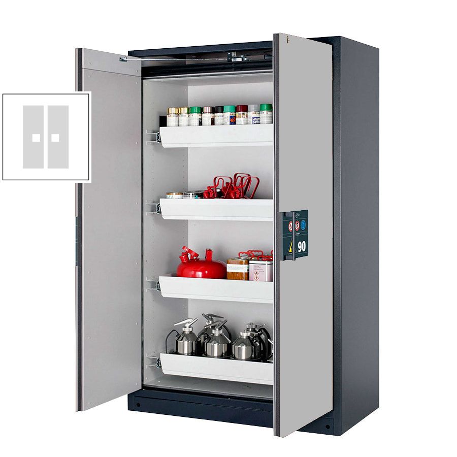 Gefahrstoffschrank - 1.953x1.193x615 mm - 2 Auszugswannen - Edelstahl - Front enzianblau