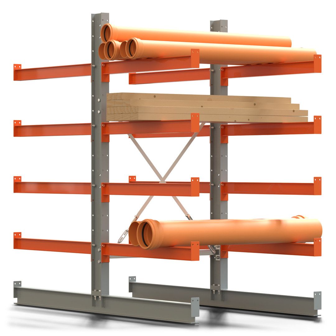 Doppelseitiges Kragarmregal, Anbauregal, 2.000 x 1.000 x 1.120 mm (HxBxT), Nutztiefe 500 mm, Kragarmlast 870 kg, KARL basic, silbergrau/reinorange