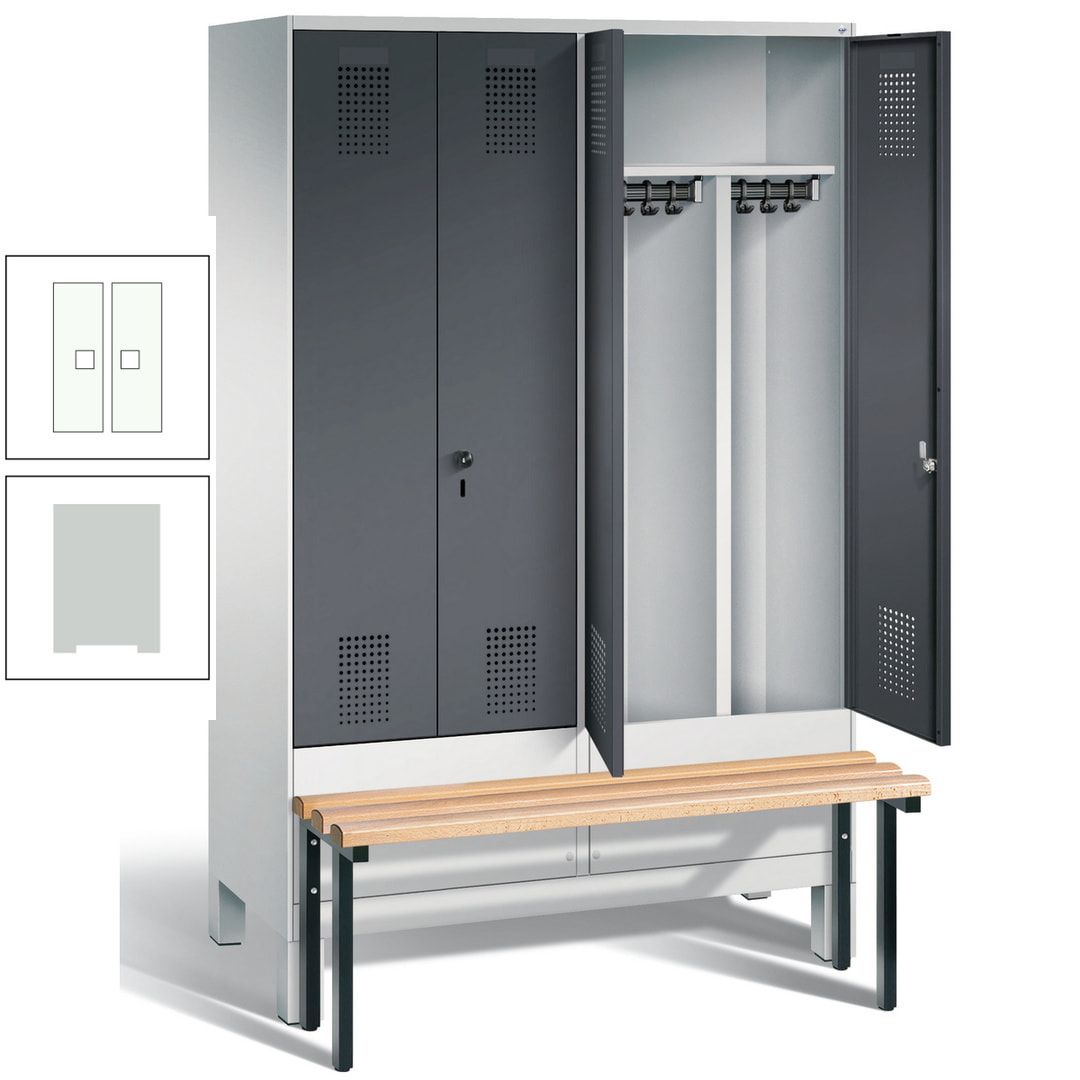 Doppel-Spind, Garderobenschrank, Buche Sitzbank vorgebaut, 4 Abteile a 300 mm, Korpus feuerrot, Tür Wasserblau, 1.850 x 1.200 x 815 mm (HxBxT)