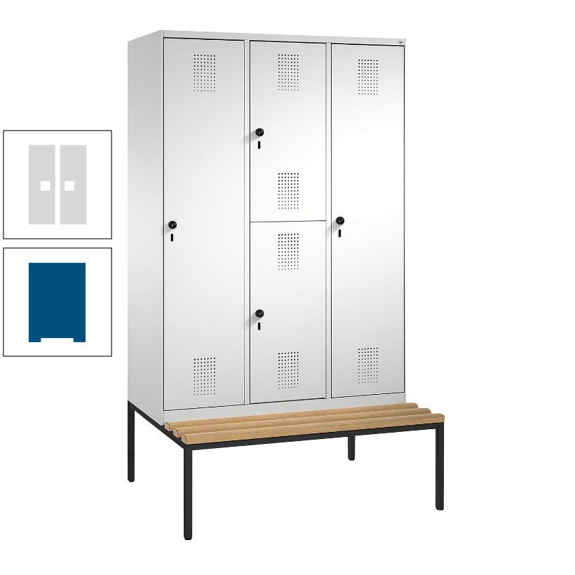 Garderobenschrank, Spind ein- und doppelstöckig Sitzbank, 3 Abteile, 4 Fächer, 2.090x1.200x500 mm (HxBxT), Front anthrazitgrau, Korpus anthrazitgrau