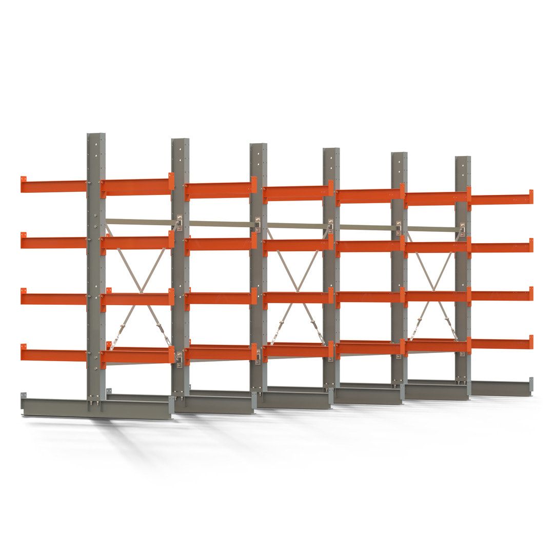 Doppelseitiges Kragarmregal, 2 Felder, 2.000 x 2.000 x 1.120 mm (HxBxT), Nutztiefe 500 mm, Kragarmlast 870 kg, KARL basic, silbergrau/reinorange