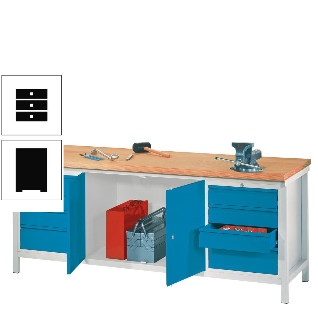 Werkbank mit Schubladenblöcken und Schrank - Traglast 1.400 kg - 900 x 2.000 x 700 (HxBxT) - anthrazitgrau