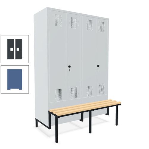 Doppel-Spind, Garderobenschrank, Buche Sitzbank integriert, 4 Abteile 300 mm, Korpus anthrazitgrau, Tür anthrazitgrau, 1.850 x 1.200 x 815 mm (HxBxT)