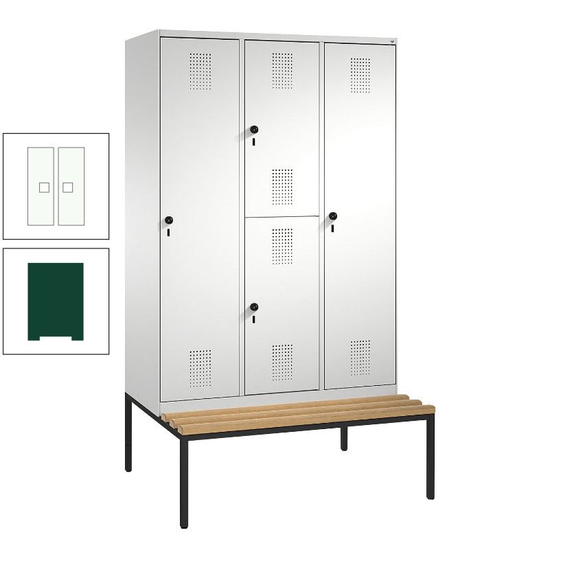 Garderobenschrank, Spind ein- und doppelstöckig Sitzbank, 3 Abteile, 4 Fächer, 2.090x1.200x500 mm (HxBxT), Front anthrazitgrau, Korpus anthrazitgrau